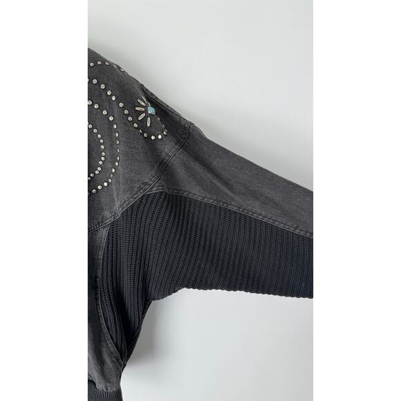 IB Sport Vintage Black Denim Sweater Jacket Aztec Turquoise Womens Large - Picture 7 of 16